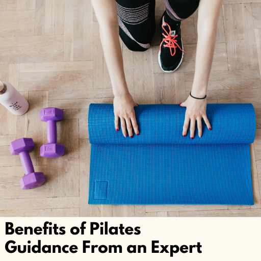 woman wearing sneakers while rolling a Pilates Mat with hand weights and a water bottle