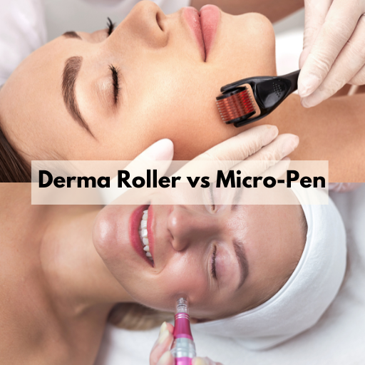 one image of a woman having derma rolling done to her face and one image of a woman having micro needing done to her face with a dr pen