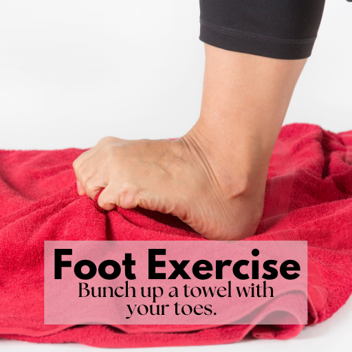 woman bunching up a red towel with her toes to exercise the foot and prevent toe cramps in pilates.