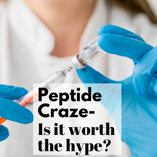 woman wearing white shirt and blue medical gloves injecting clear solution into a small vial with title peptide therapy craze- is it worth the hype