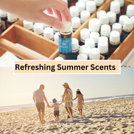 refreshing summer scents with a scene of a family on the beach and a women reaching for an essential oil bottle