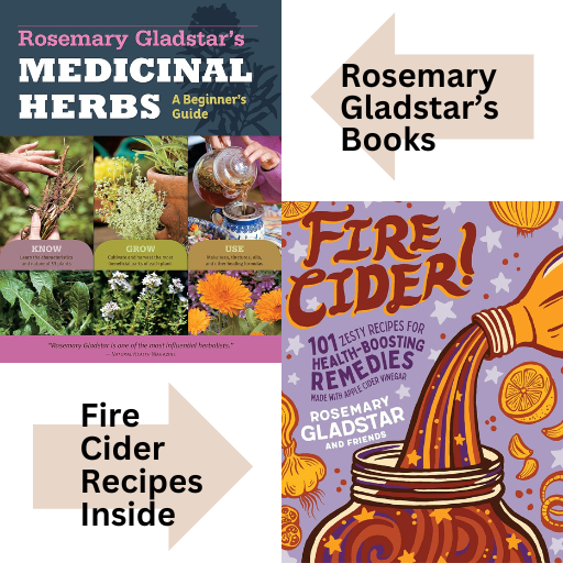 Rosemary Gladstar's books with fire cider recipes inside.