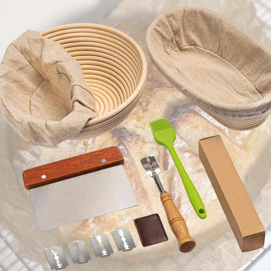 sourdough banneton basket kit  over a slightly transparent sourdough bread boule