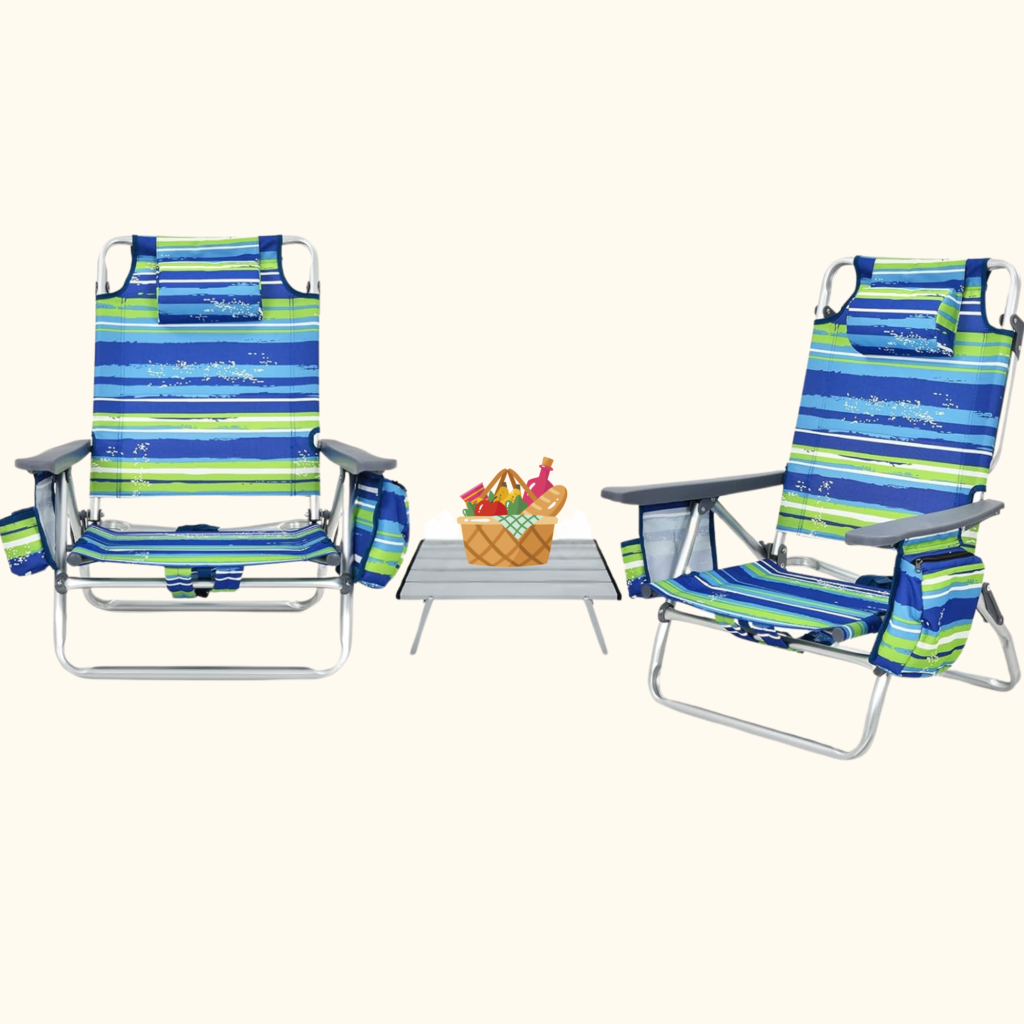 two blue and green striped beach chairs with a small table in between and a picnic basket on top of the table