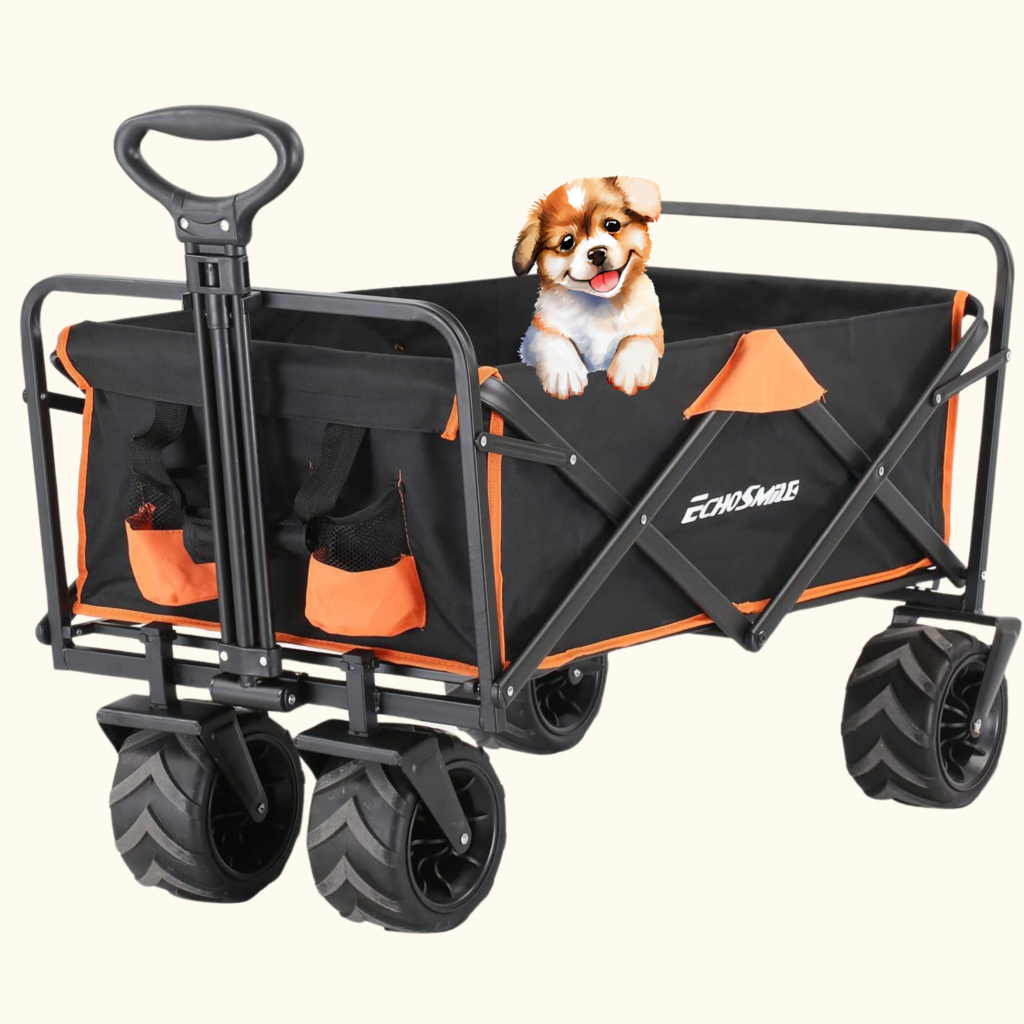 black and orange beach wagon with a puppy in it