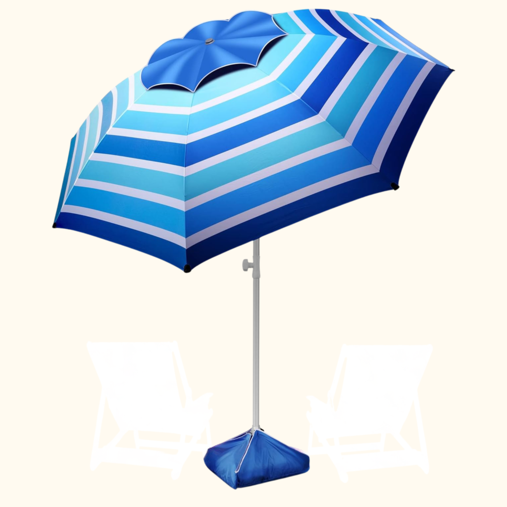 blue and white striped beach umbrella