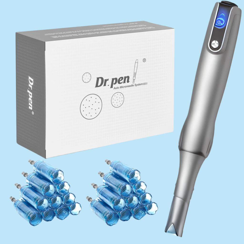 Dr. Pen, box and 20 cartridges on a light blue background