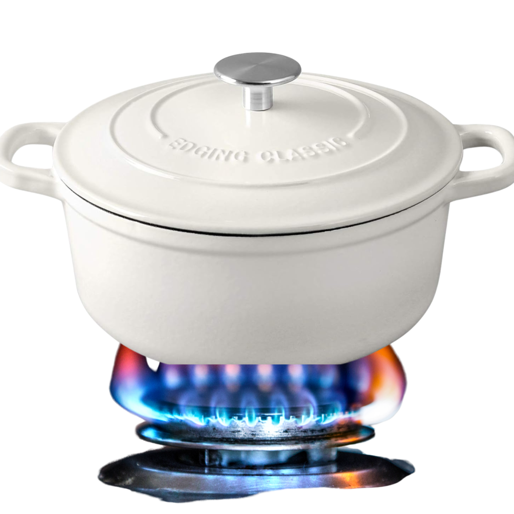 white dutch oven with cover on an open flame