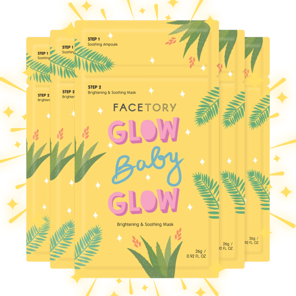 factory's glow baby glow face sheet masks pack of five with yellow starbursts around the perimeter