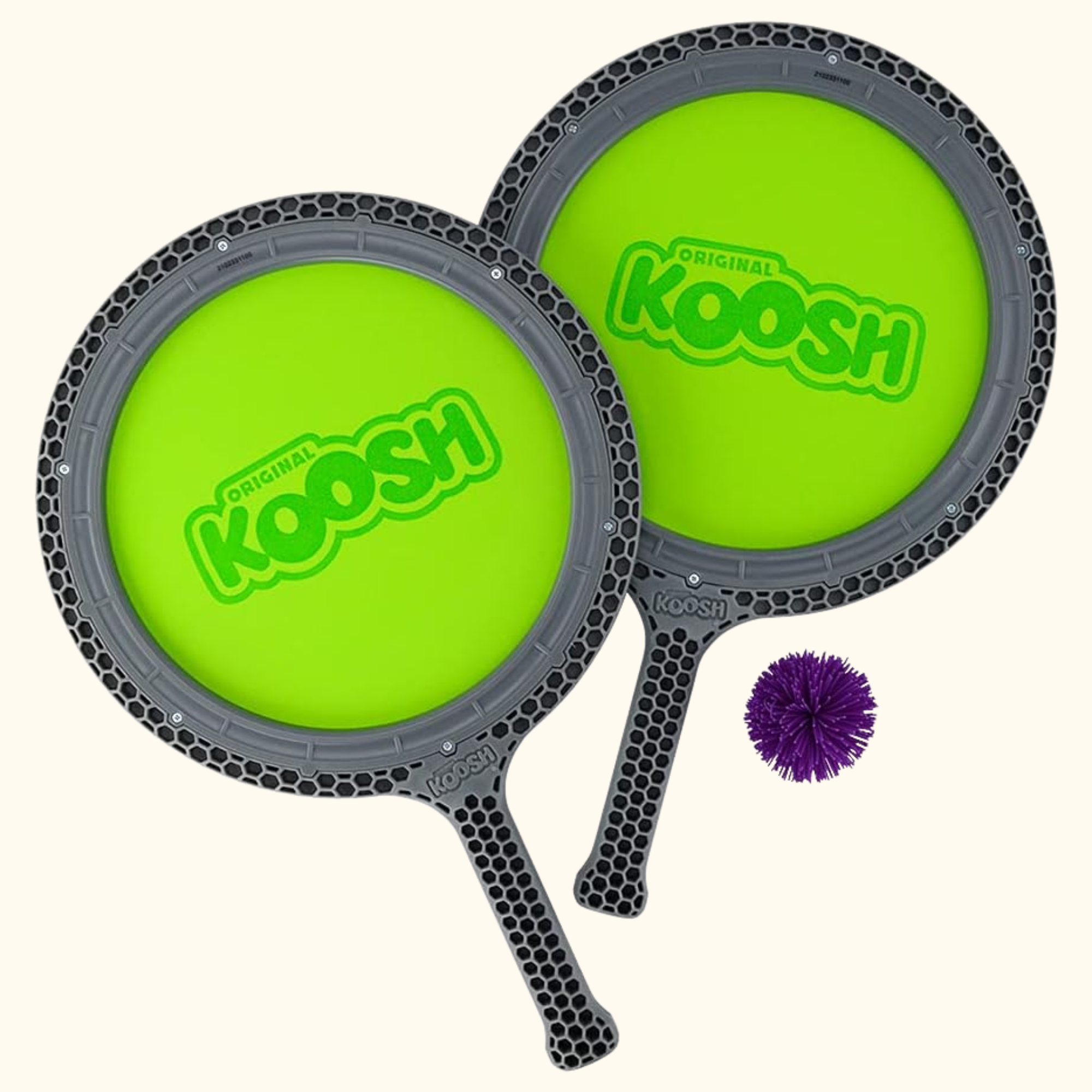 a set of two koosh paddles and one koosh ball