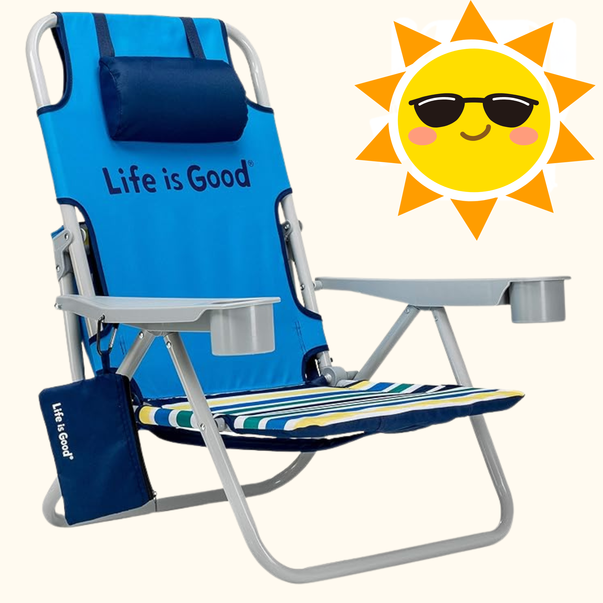 blue life is good beach chair with image of a sun with black sunglasses on 