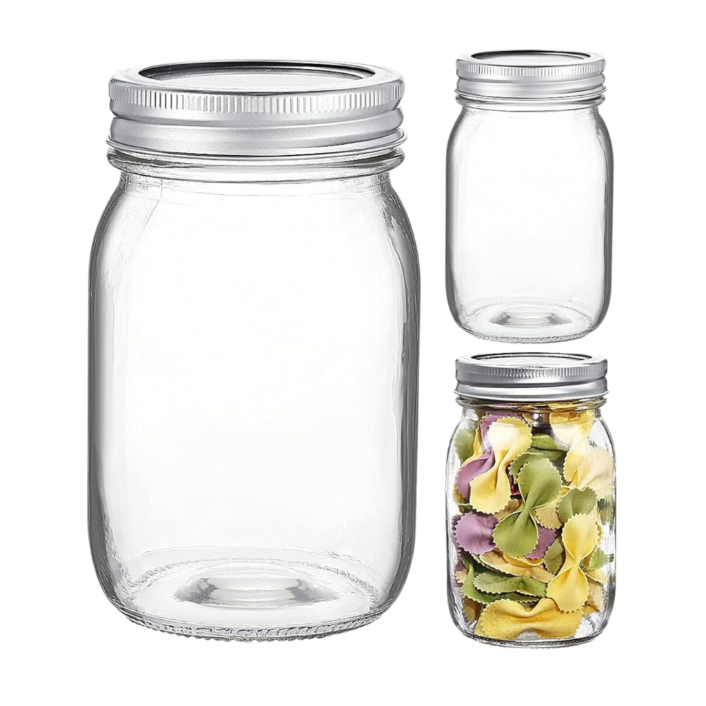 3 wide-mouthed mason jars one has vegetables in it