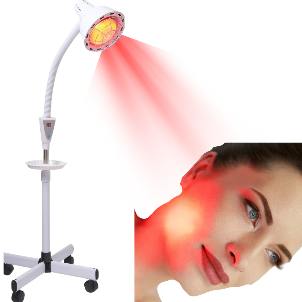 goose neck infrared lamp glowing red stream of light on a woman's face