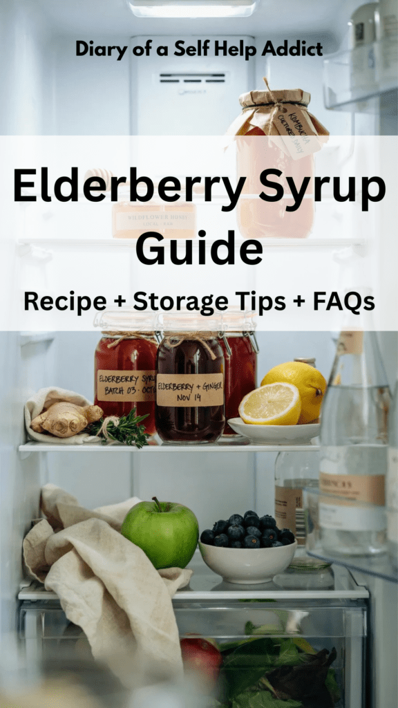 Several labeled glass jars of homemade elderberry syrup stored in the refrigerator alongside fresh lemons, ginger, and herbs, emphasizing meal prep and seasonal wellness.
