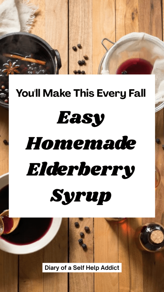 An overhead flat lay showing the step-by-step process of making elderberry syrup: dried elderberries simmering in a pot with spices, straining through cheesecloth, stirring in raw honey, and pouring the finished syrup into glass bottles.