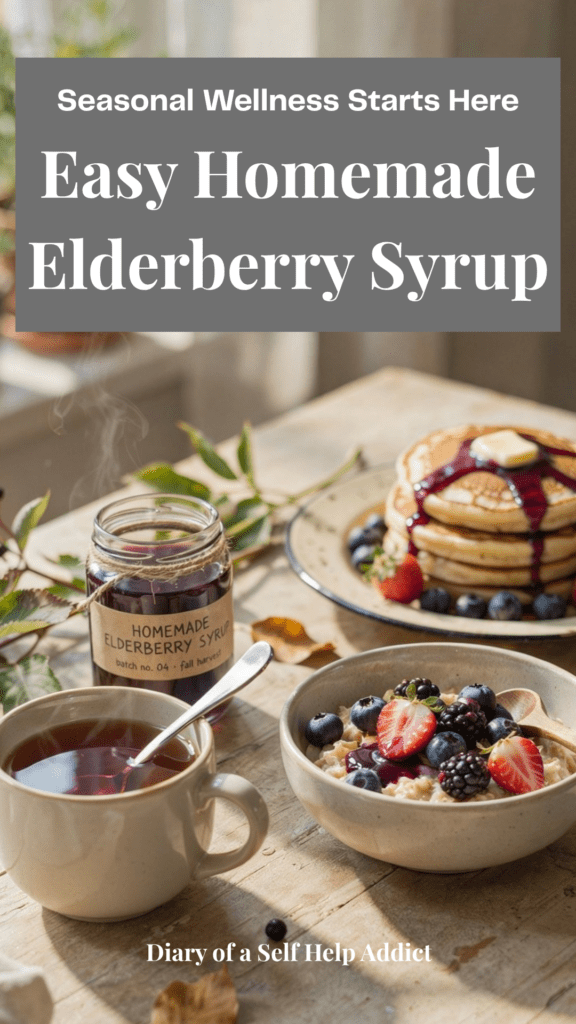 A spoonful of homemade elderberry syrup being stirred into a steaming mug of herbal tea beside a bowl of oatmeal topped with berries and a stack of pancakes drizzled with elderberry syrup.