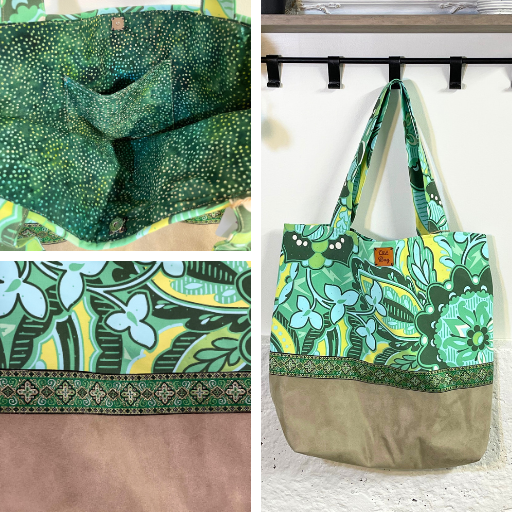 amy butler green fabric with Jacquard ribbon and suede bag