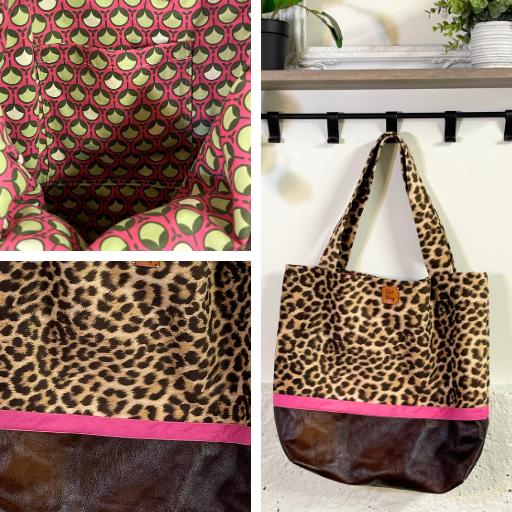 suede cheetah print tote bag with brown leather and pink ribbon