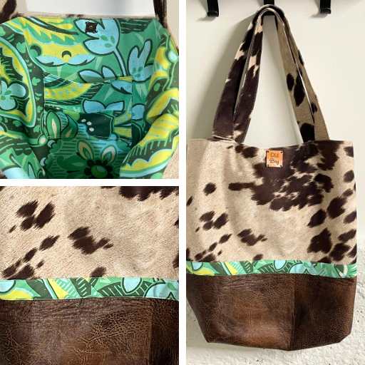 brown cow suede and brown leather with green amy butler fabric inside and as a ribbon tote bag