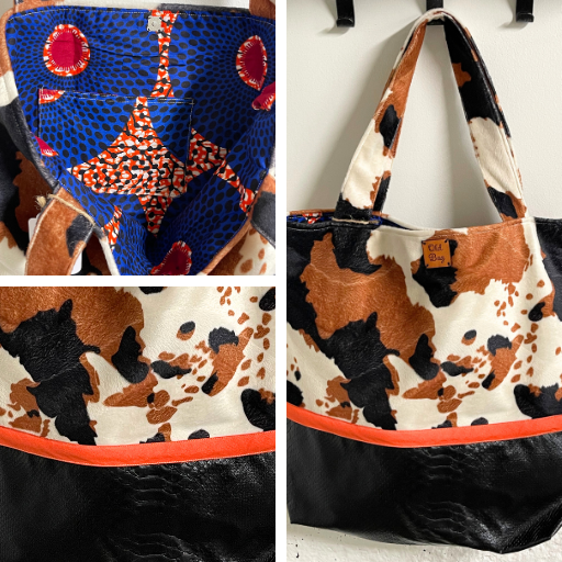 black and brown cow print suede with black leather bottom and orange ribbon tote bag