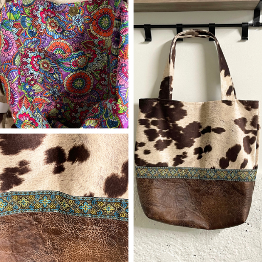 brown cow suede jacquard ribbon and brown leather large tote bag