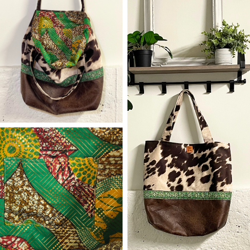 brown cow suede and leather bag with green Jacquard ribbon 