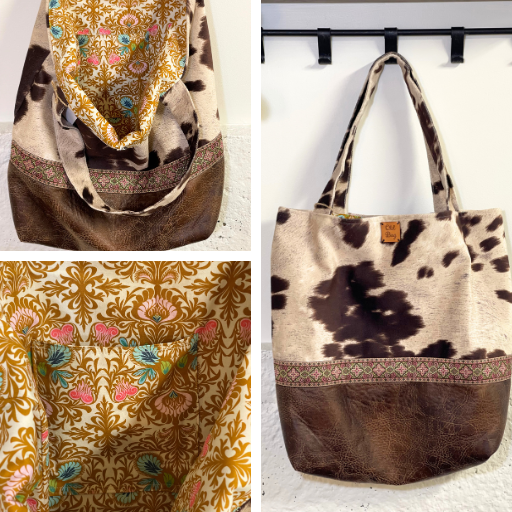 brown cow suede and brown leather tote bag with multicolored jacquard ribbon