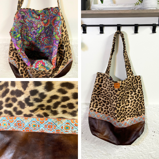 leopard print with brown leather bag