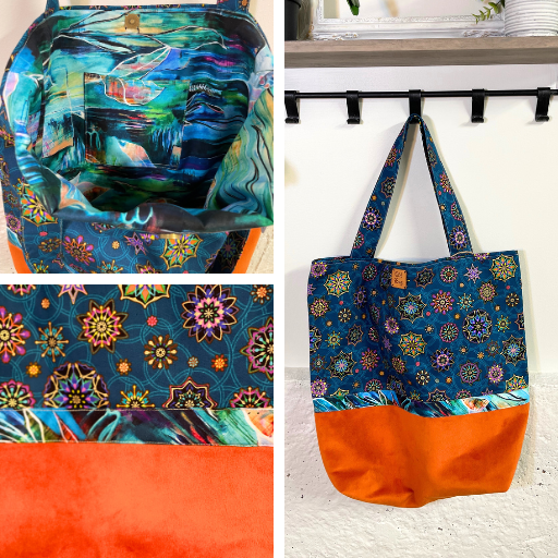 orange and dark blue tote bag