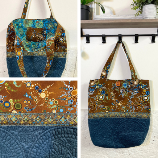 navy and chocolate brown tote with beautiful colorful fabric inside