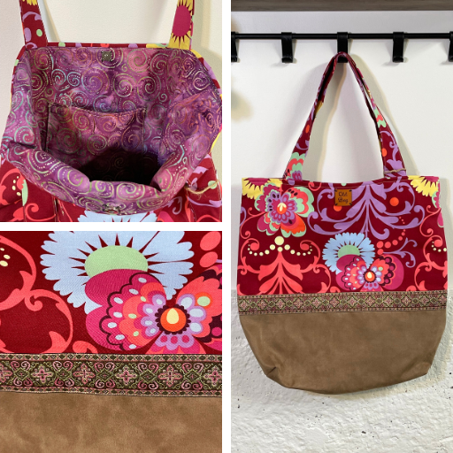 pink and deep red amy butler fabric tote bag with brown suede bottom and jacquard ribbon