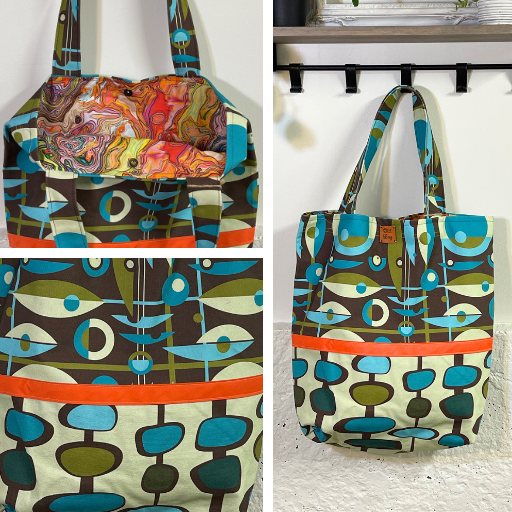 retro amy butler fabric with orange ribbon tote bag