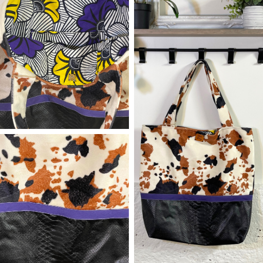 cow print suede with black leather purple ribbon tote