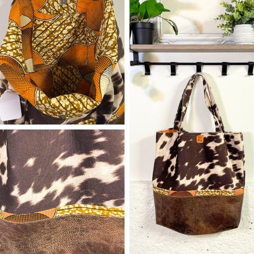 brown cow suede print with orange ribbon and brown leather tote ba=g