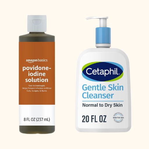 iodine scrub and cetaphil gentle skin cleanser