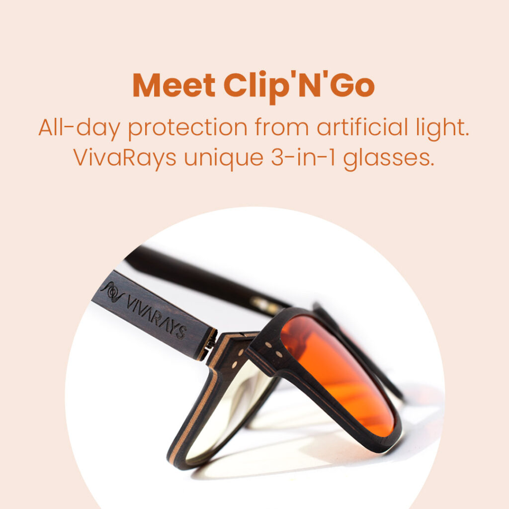 Meet Clip N Go: All-day protection from artificial light. VivaRays unique 3-in-1 glasses. 