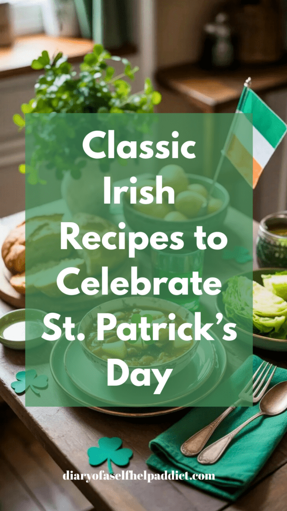 A cozy Irish kitchen table styled for St. Patrick’s Day with Irish soda bread, butter, a rustic bowl of Irish stew, potatoes, and cabbage. Green linen napkins, shamrocks scattered on the table, and a small Irish flag. Warm natural lighting and farmhouse aesthetic.