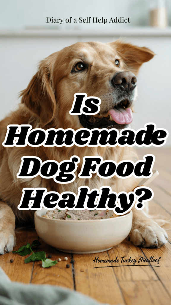 Happy senior dog looking up at a bowl of homemade dog food. Bowl contains turkey, vegetables, and pumpkin. Warm inviting tones, clean background, Pinterest-friendly vertical composition.