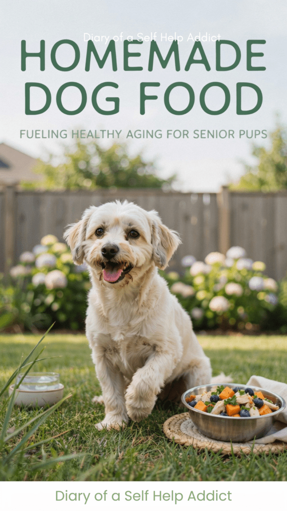 Healthy 8½-year-old small dog outdoors with text overlay about homemade dog food and healthy aging. Bright lifestyle photography.