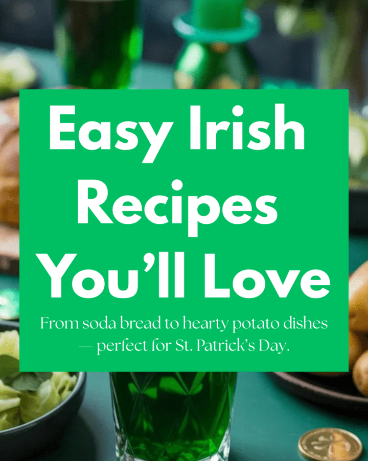 A festive St. Patrick’s Day party scene with green drinks, Irish soda bread, potatoes, cabbage dishes, shamrocks, and gold coins scattered around the table. Bright celebratory styling perfect for Pinterest.