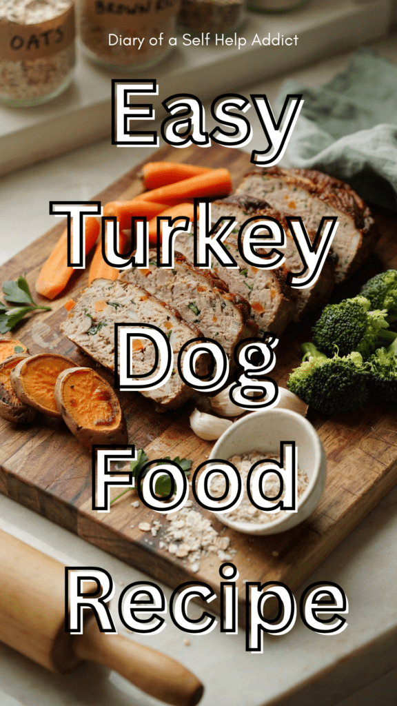 Freshly baked homemade dog food meatloaf sliced into portions on a wooden cutting board with colorful vegetables surrounding it. Cozy kitchen setting, natural light, healthy homemade pet food aesthetic.