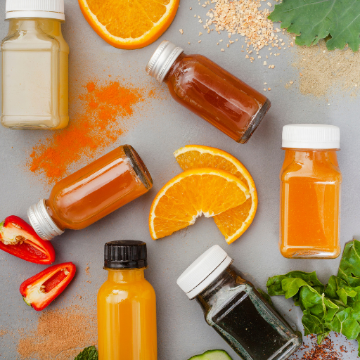 small bottles of healthy supplement drinks and fruits, herbs, spices