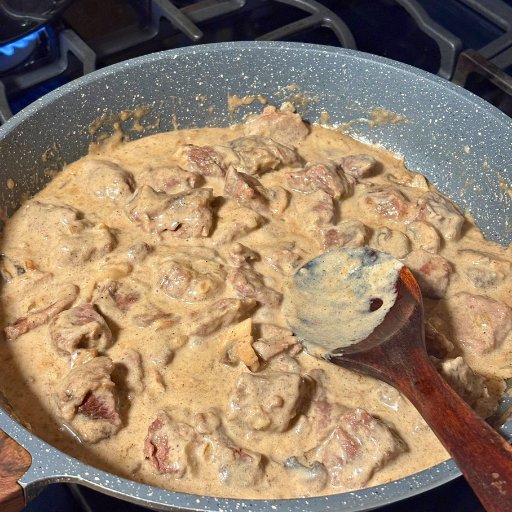 beef stroganoff in a saute pan