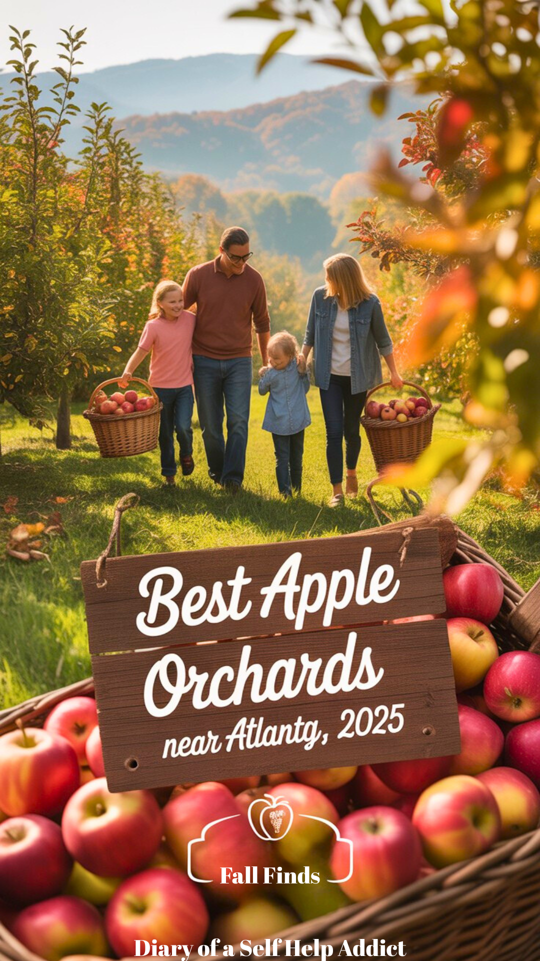 A cozy fall scene of a family walking through an apple orchard in Ellijay, Georgia, with baskets full of red apples, mountains in the background, warm autumn colors.