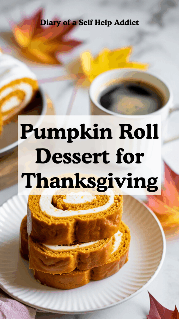 pumpkin roll slices stacked neatly on a white plate, cream cheese swirl visible, paired with a steaming cup of coffee and fall leaves scattered around. Light and airy aesthetic, Pinterest-worthy food photography.