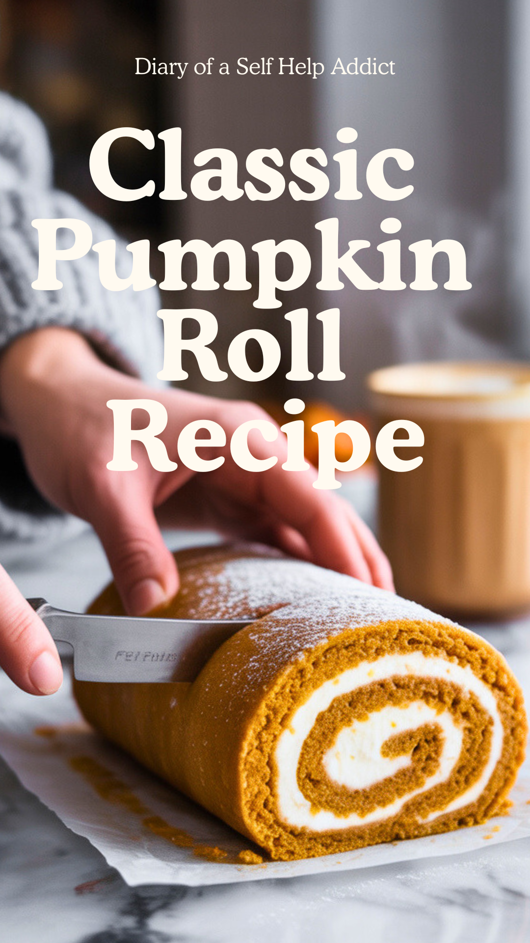 hands slicing into the pumpkin roll on a marble countertop, with a blurred mug of chai latte and a cozy sweater sleeve visible in the shot. Intimate, warm, inviting aesthetic.