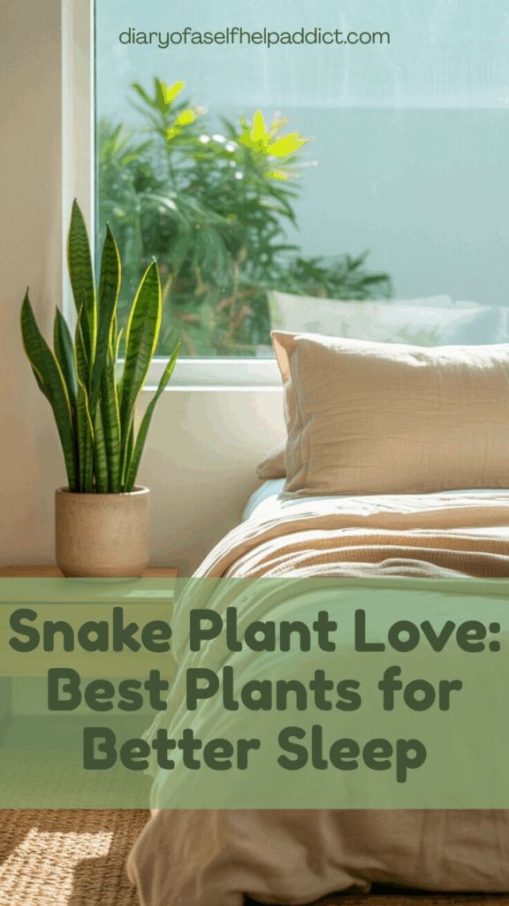 Minimalist bedroom with a snake plant on the nightstand, light streaming in.