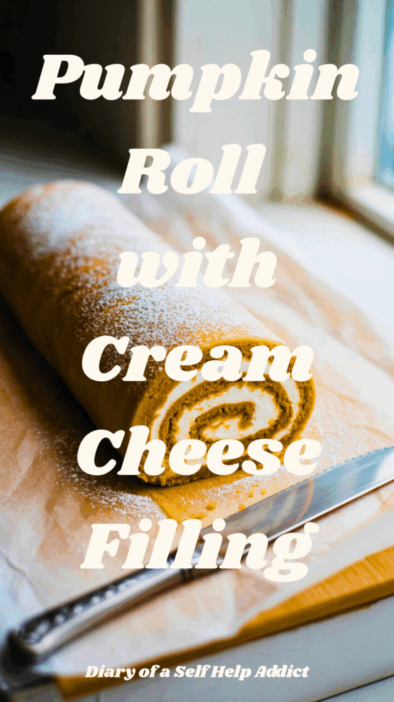 Overhead shot of the whole pumpkin roll, uncut, dusted with powdered sugar, on parchment paper. Beside it, a serrated knife and a sprinkle of extra sugar. Soft natural lighting with cozy farmhouse kitchen vibes.