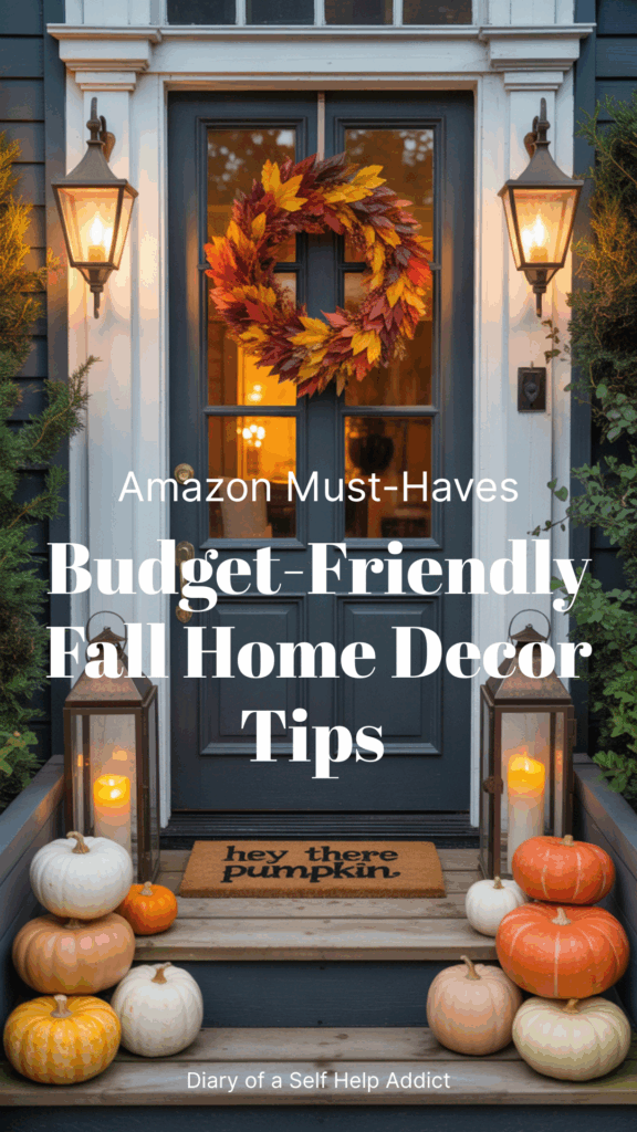 A front porch with an autumn leaf wreath on the door, a “Hey There Pumpkin” doormat, lanterns with LED candles, and small pumpkins placed artfully on the steps.