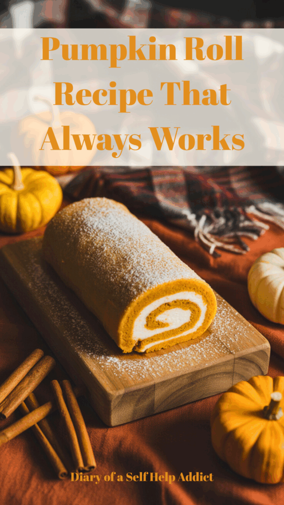 a sliced pumpkin roll on a rustic wooden board, dusted with powdered sugar. Surrounded by mini pumpkins, cinnamon sticks, and a cozy plaid blanket in the background. Warm fall lighting with orange and brown tones.
